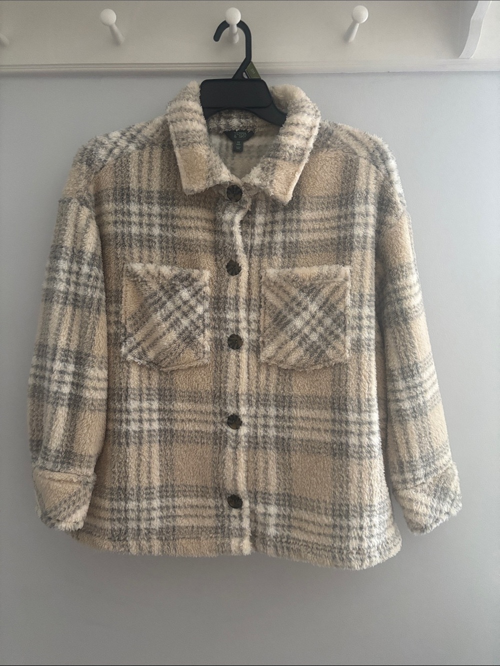 Terra & Sky Cream and Gray Plaid Sherpa Pea Coat
